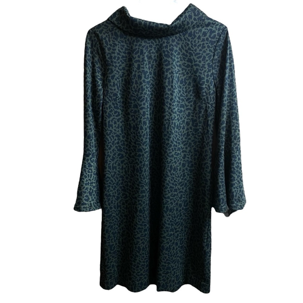 THML Green Black Leopard Print Cowl Neck 3/4 Bell Sleeve Knee Length Dress Sz L